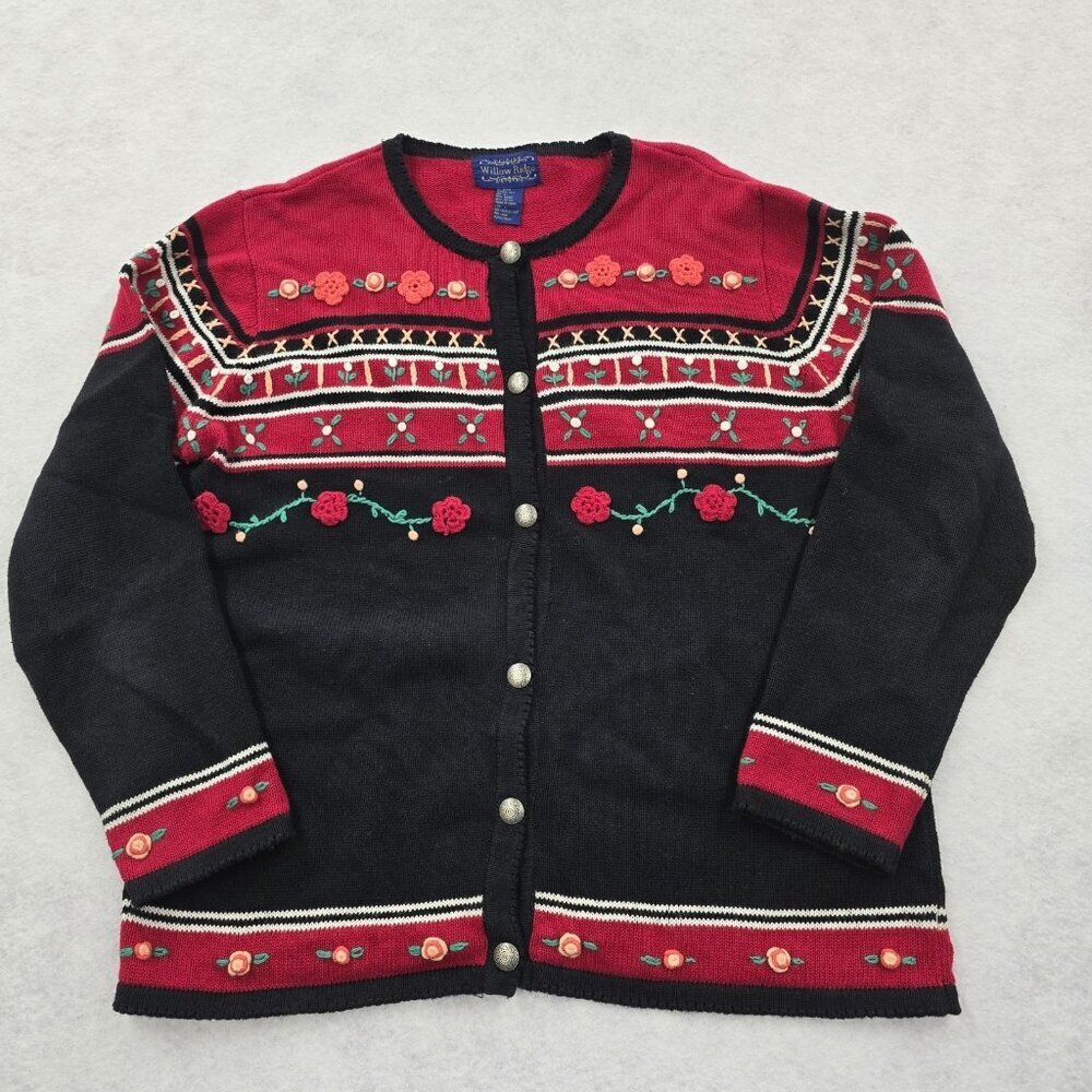 VTG Willow Ridge Cardigan Sweater Size Large 3D Crochet Flowers Ornate Buttons